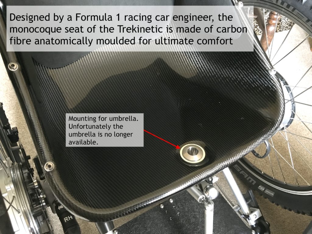 Carbon fibre monocoque seat on Trekinetic wheelchair