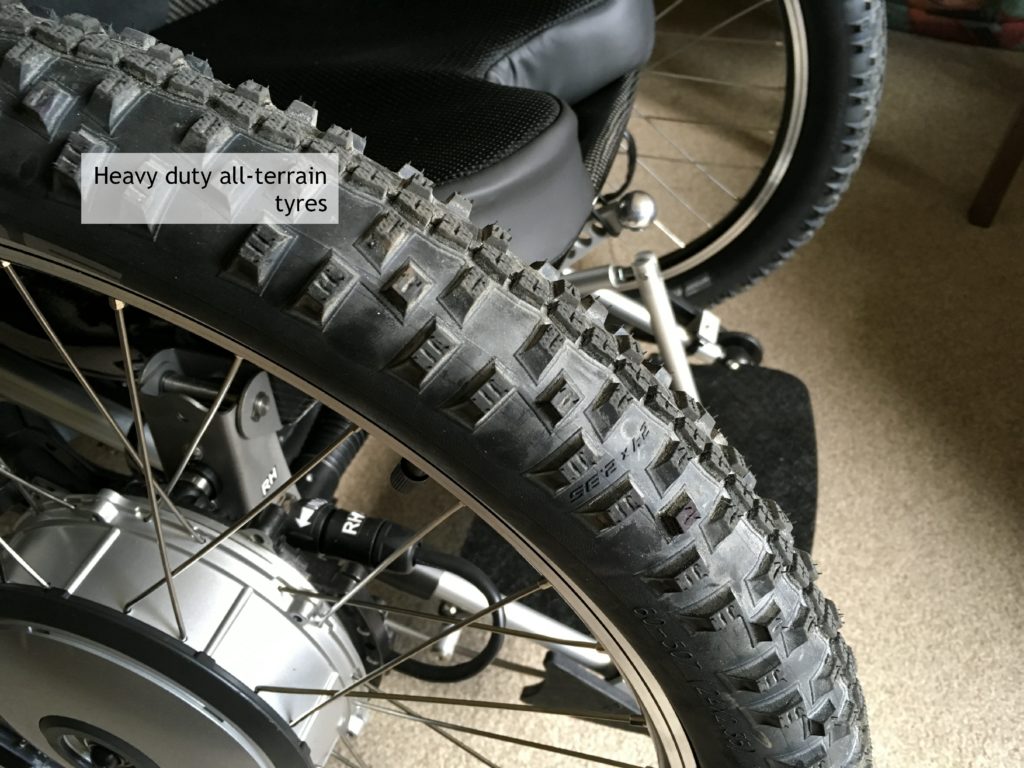 Heavy duty all-terrain tyres on Trekinetic wheelchair