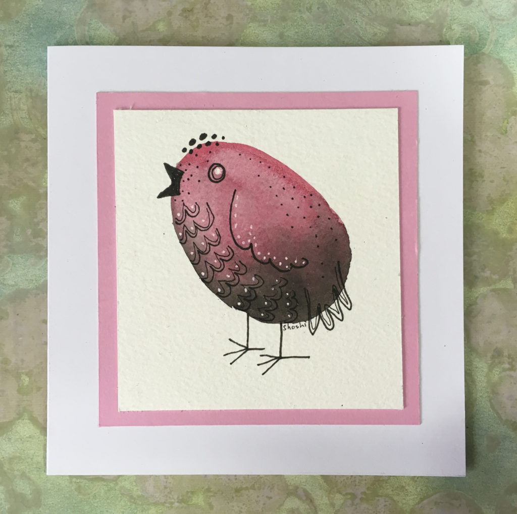 The finished watercolour doodled bird card