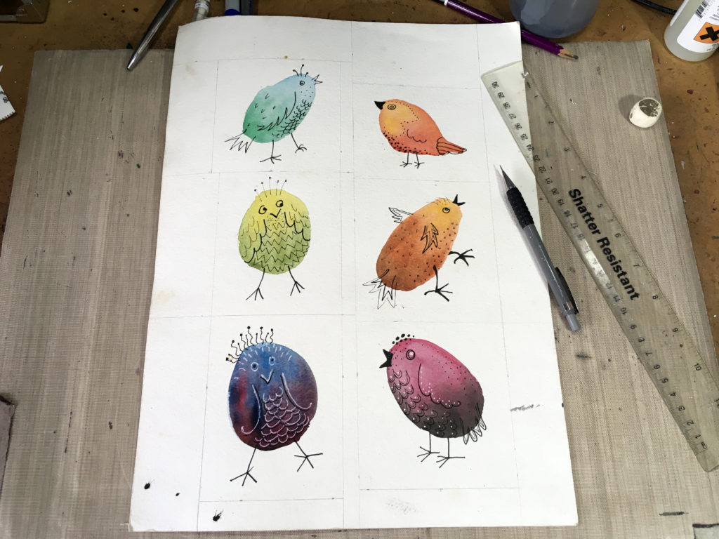Watercolour doodled birds ruled up ready for cutting