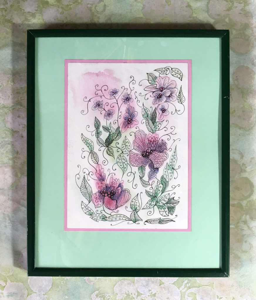Pink and green floral design doodled watercolour framed