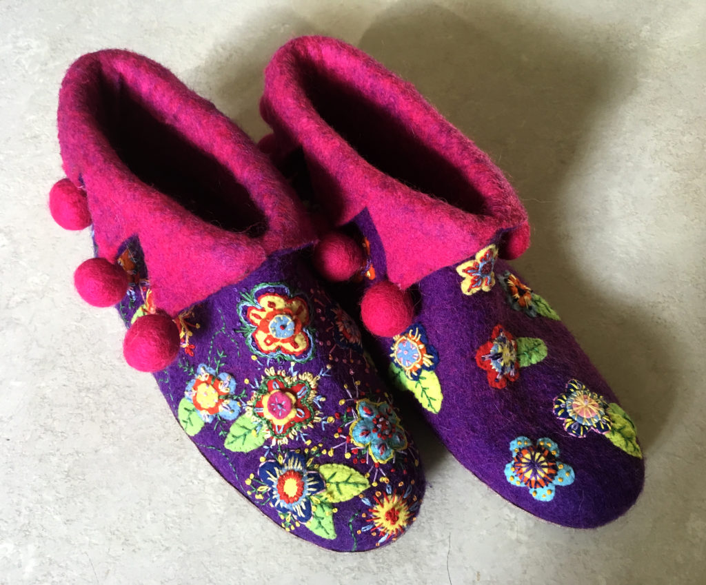 Embroidered felt slippers - work done so far