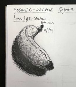 Read more about the article Online Art Course – The First of Six Small Sketches with the Ink Pens – Banana