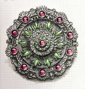 Read more about the article 3-D Mandala – Metal with Pink Gemstones, A New Drawing Tool, and a Health Update