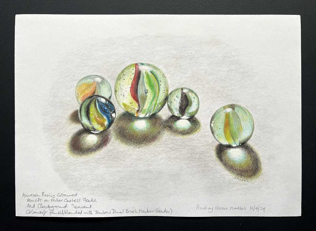 Read more about the article Green Marbles in Coloured Pencils